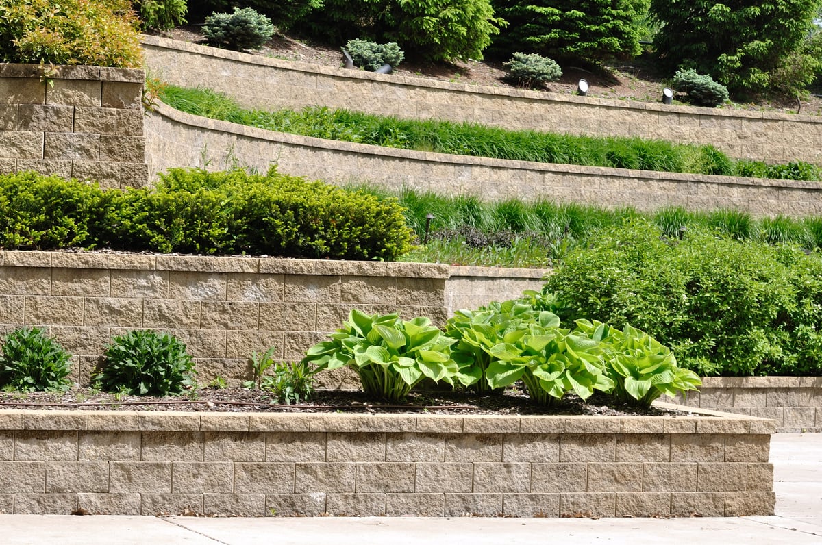 Tiered stone planter boxes with various green plants and shrubs arranged on a slope