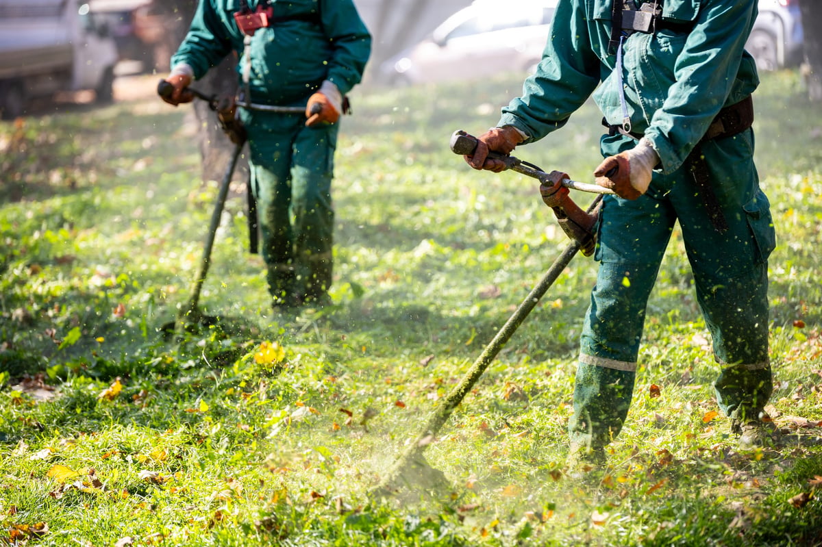 A yard care crew mowing a tidy lawn