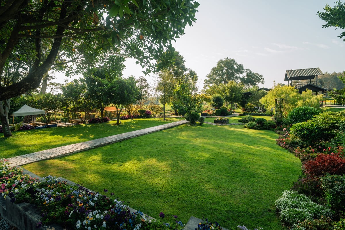 A landscaped garden with a curved stone path cutting through a green lawn surrounded by trees and flower beds