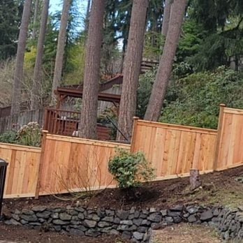 Wooden privacy fence with vertical boards installed along sloped terrain with tall evergreen trees in background